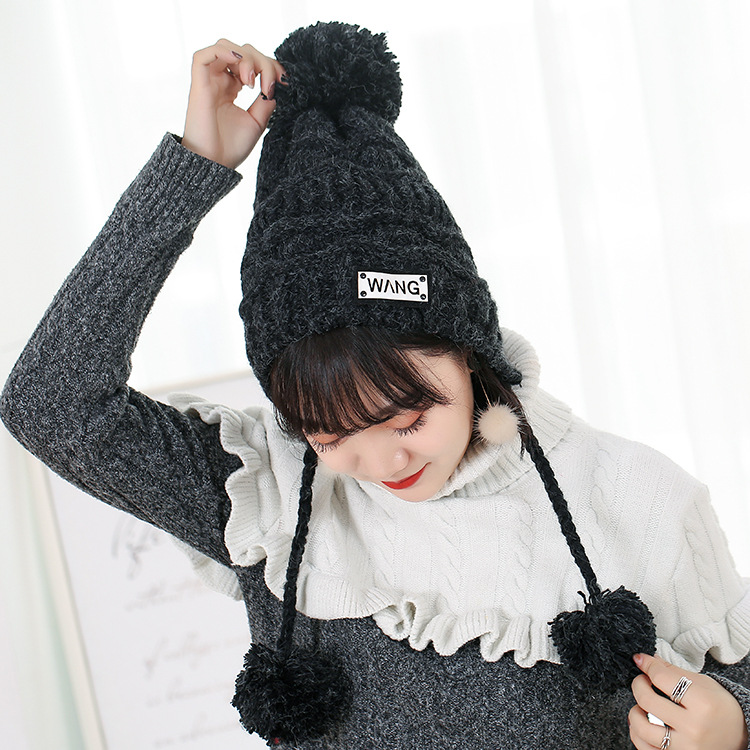 Hàn Quốc phiên bản của lá thư đánh dấu ba lông thú bông len mùa đông ấm cộng với chiếc nhung đan Hàn Quốc thanh thiếu niên mùa đông mũ