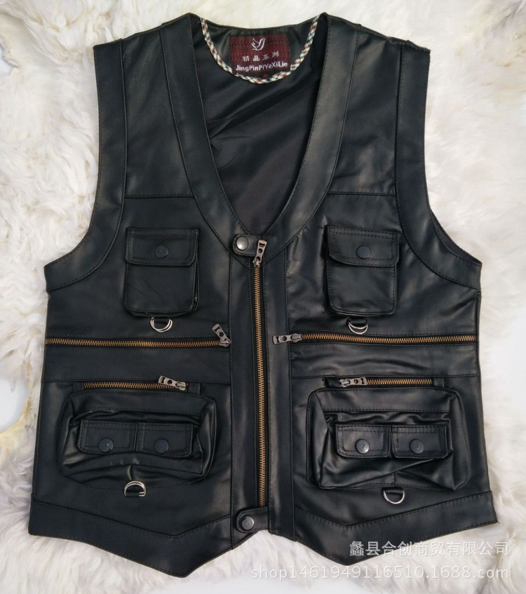 男士真皮马甲羊皮马甲摄影马甲中老年多兜真皮背心坎肩记者服春秋|ms