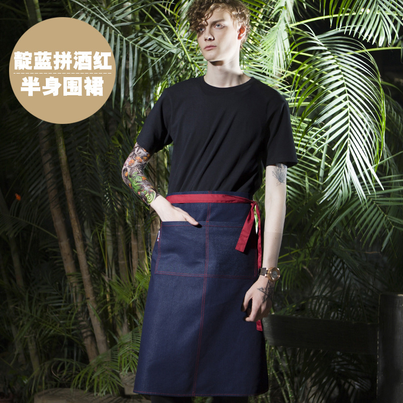 Estilo coreano de mezclilla delantal de trabajo de media longitud Cafetería Restaurante occidental pintura hombre y mujer camarero ropa de trabajo delantal de moda