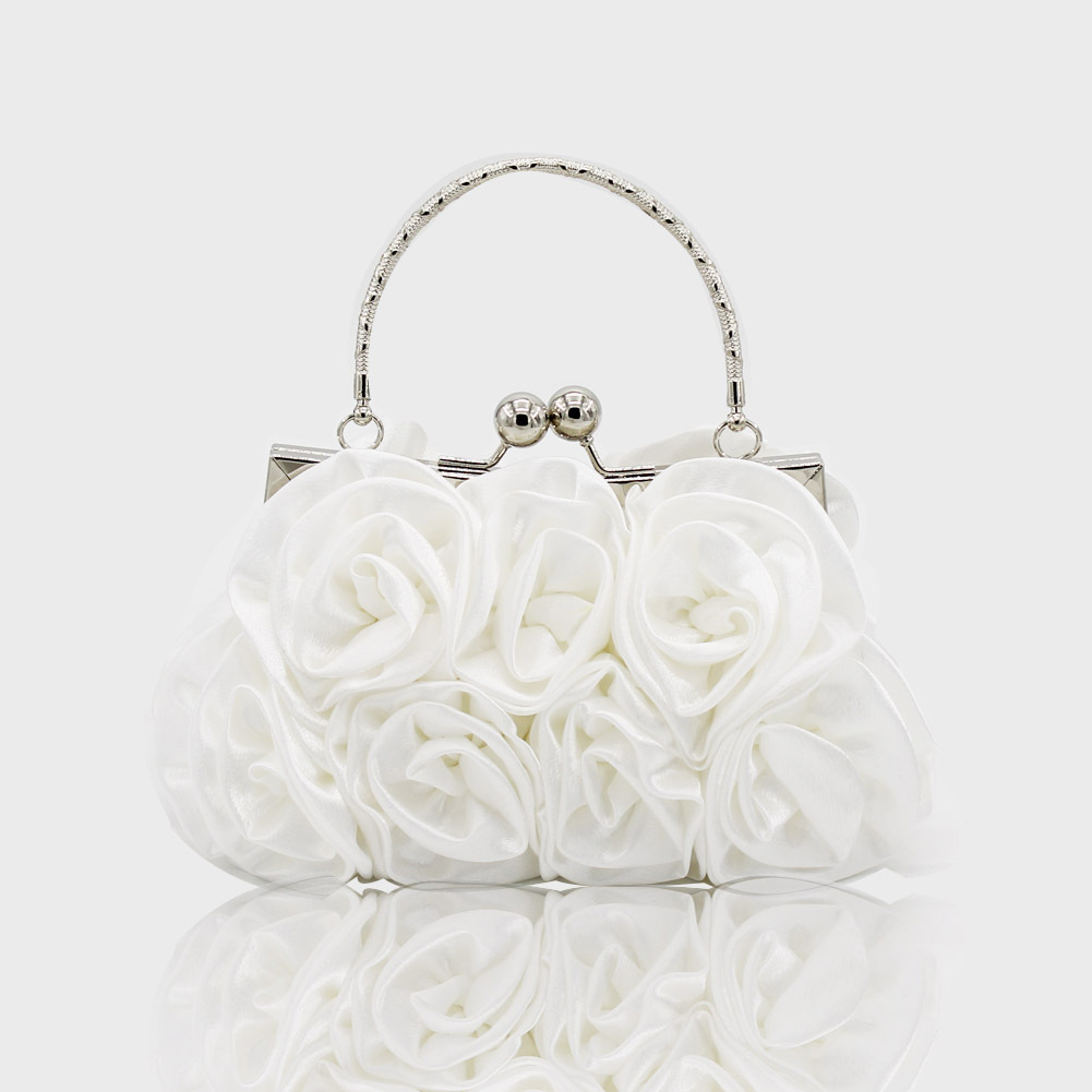 Túi clutch dạ hội satin hoa hồng 3D khâu tay 14 bông, kèm dây xích đeo chéo — Màu trắng, Màu đỏ, Màu đen, Màu Sâm panh chi tiết 11
