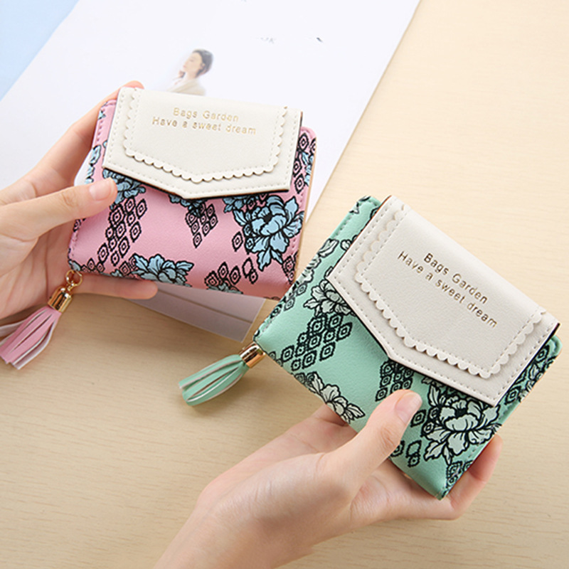 女士錢夾 新款韓版2折PU皮印花流蘇女士零錢包手拿包 壹件代發