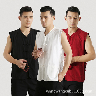 Tang suit pure cotton coarse cloth men's undershirt bottoming shirt sleeveless vest for the elderly Chinese style mandarin jacket summer waistcoat short sleeve