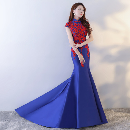 Chinese Dress Qipao Cheongsam long embroidered banquet evening dress performance dress chorus dress