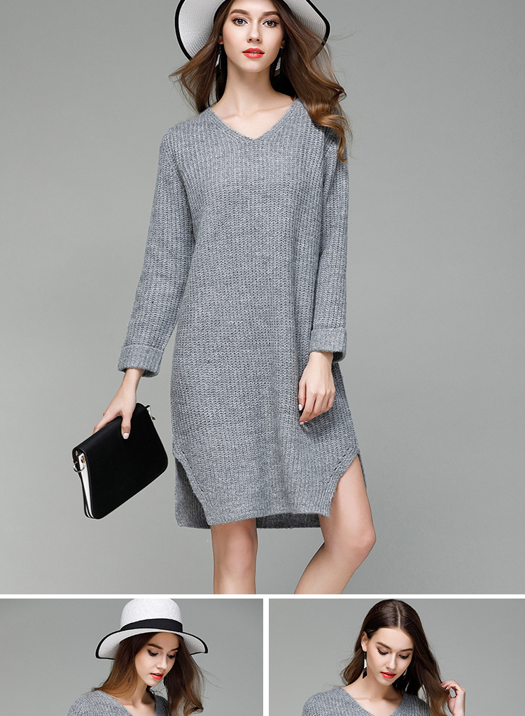 pure color v-neck long knitted dress  NSYH22108