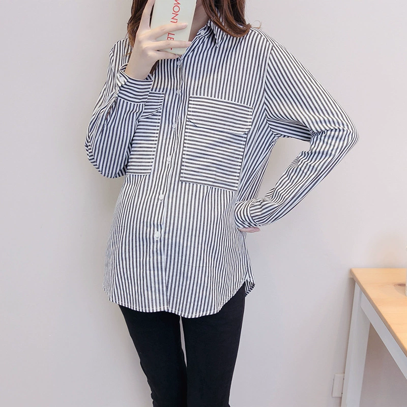 Весна и осень женская мода для беременных в Корейском стиле свежая полосатая рубашка для беременных с длинным рукавом Свободная рубашка больших размеров короткая художественная