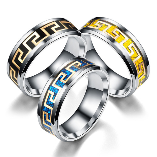 New cross-border European and American micro-glazed Great Wall pattern men's and women's personalized titanium steel rings factory direct sales and wholesale