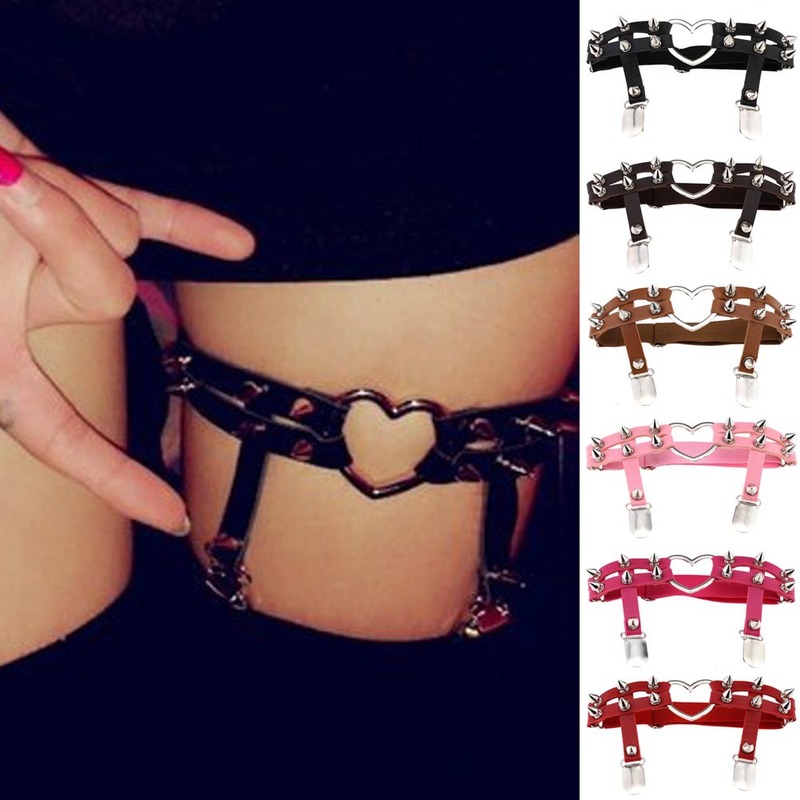 Punk hip-hop street jazz dance stocking thigh belt for women girls nightclub bar sexy love heart-shaped leather rivets lolita double-row garter belt thigh loop