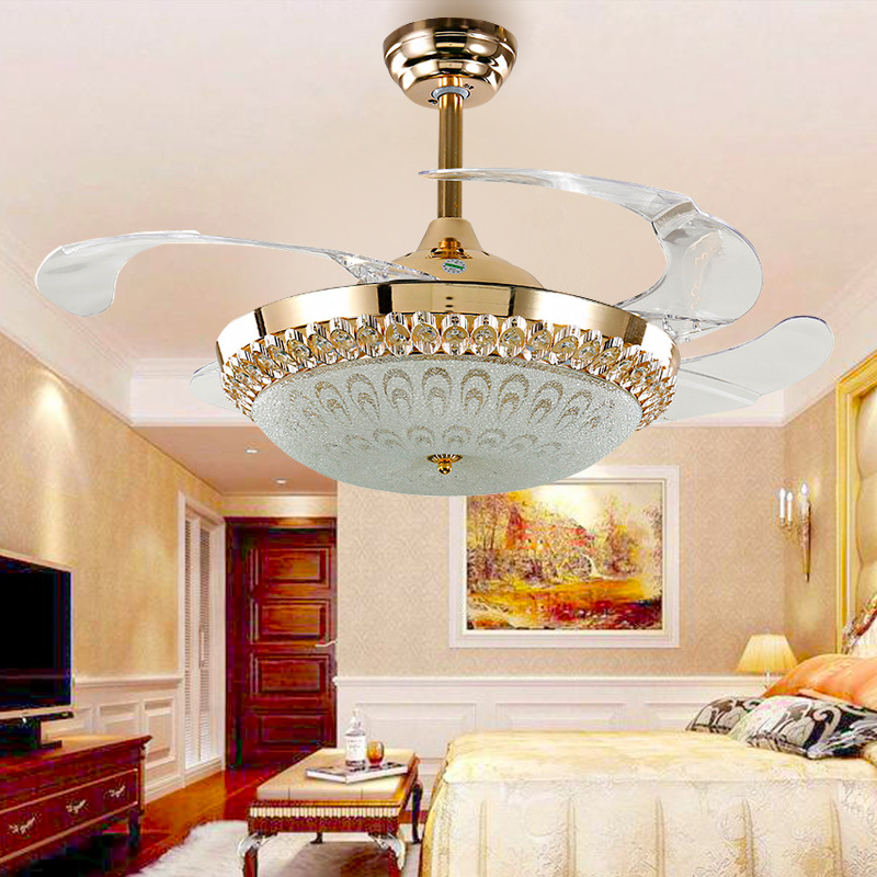 水晶隐形风扇吊灯 餐厅吊扇灯现代欧式带扇客厅卧室灯折叠风扇灯|ru