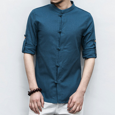 中國風 春裝棉麻料長袖襯衫男士盤扣襯衣男大碼中式唐裝