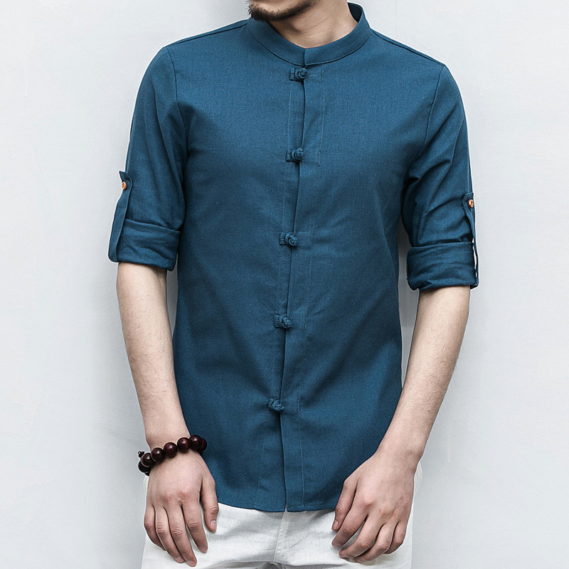 中國風 春裝棉麻料長袖襯衫男士盤扣襯衣男大碼中式唐裝