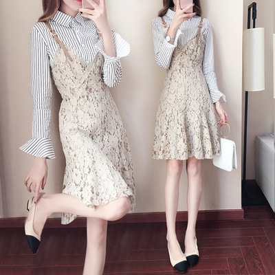 秋季套装女时尚两件套新款韩版学院气质条纹衬衫吊带蕾丝裙17926