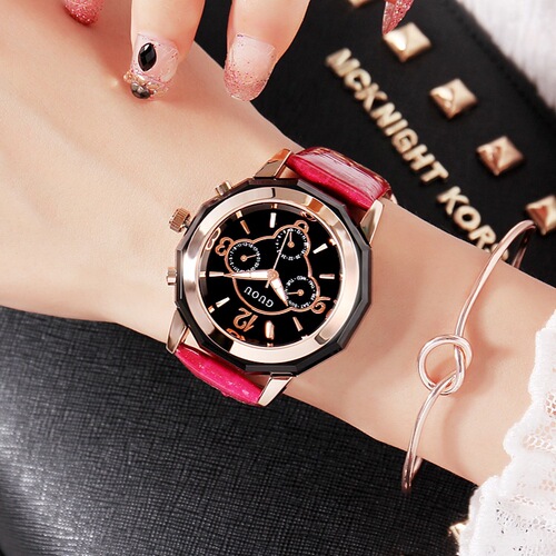GUOU new style durable and light luxury six-pin trendy watch leather strap personalized fashionable large dial ladies watch