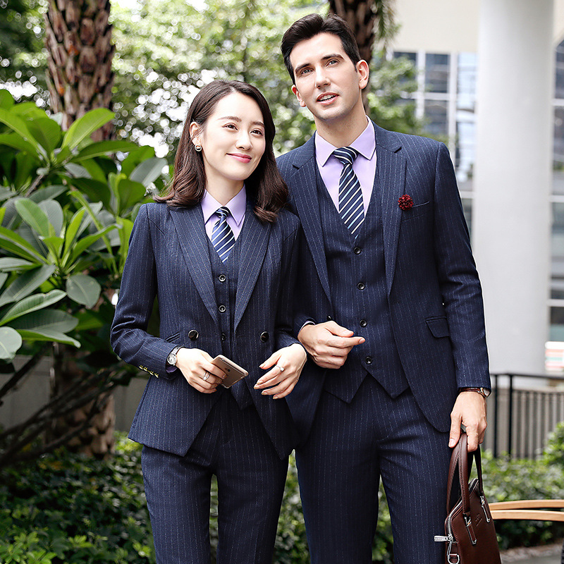条纹新款男女商务套装 立体舒适修腰西装 时尚干练套裙工作服批发|ru