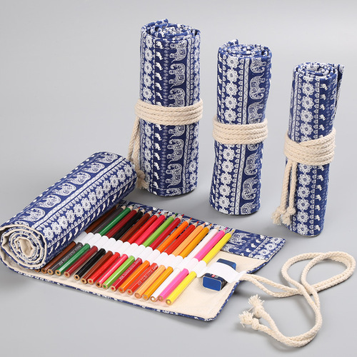 Ethnic style baby elephant print handmade canvas pen curtain 12/24/36/48/72 hole large capacity color pencil pencil bag