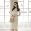 Korean slim fashion Solid Round Neck Lace hip dress