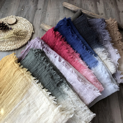 Cotton and linen scarves for women, new hanging-dyed contrasting color gradient stitching oversized scarf, retro literary style shawl, Mori series for women