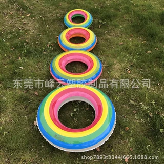 峰云供应充气圈 pvc彩虹图案泳圈 充气成人泳圈
