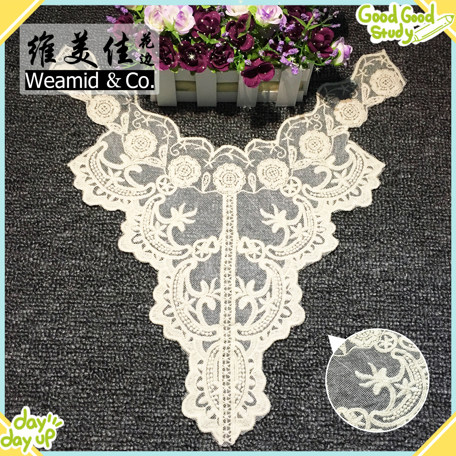 厂家直销维美佳 纯棉线水溶蕾丝网底领花 高品质女装高领网布绣花