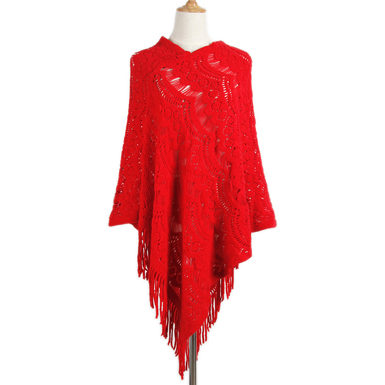 Mid-length crochet patterned hollowed-out irregular fringe pullover sweater women's cape cape sweater_voghion.com