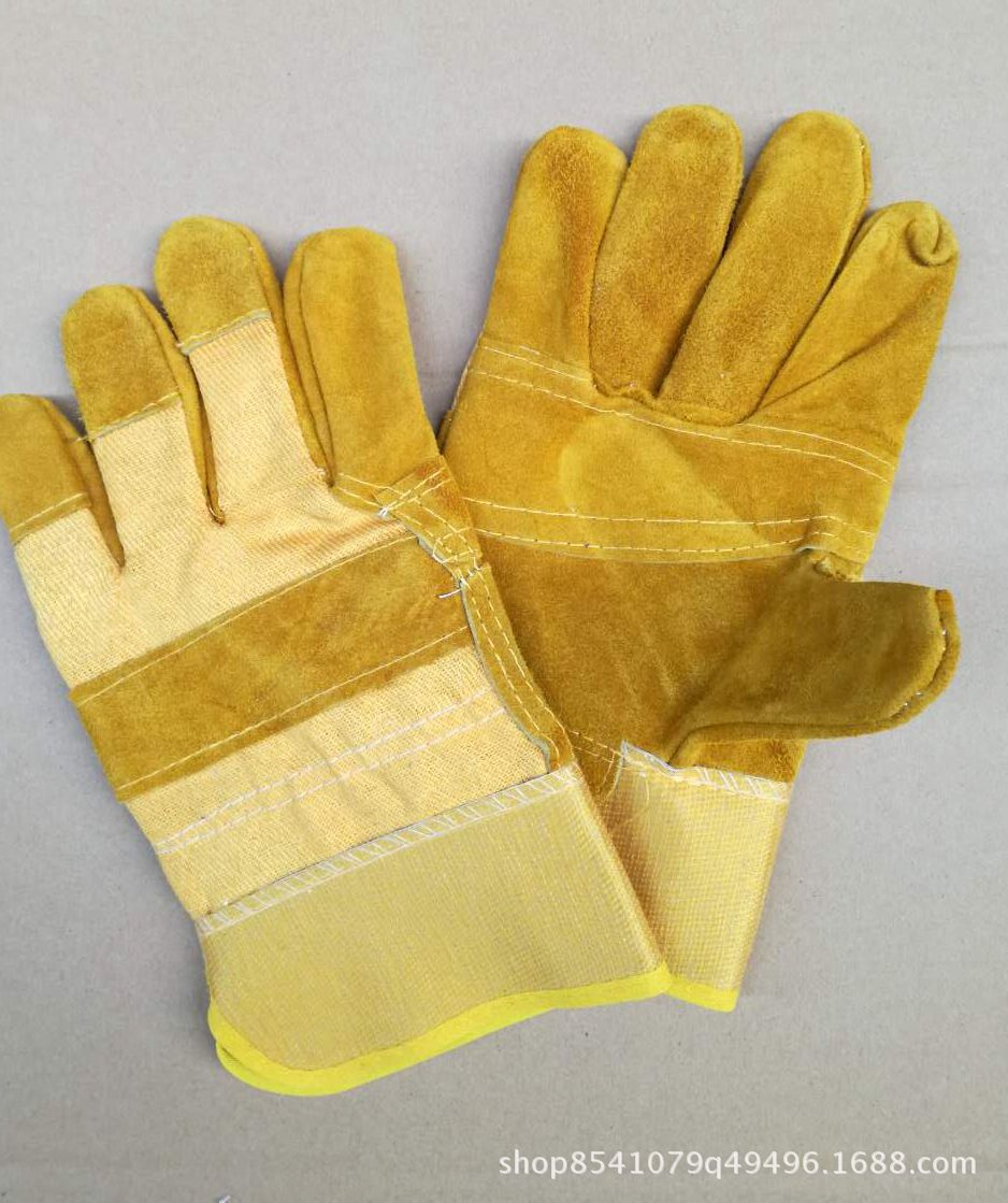 牛二层金黄色驳掌劳保手套批发短皮驳掌手套