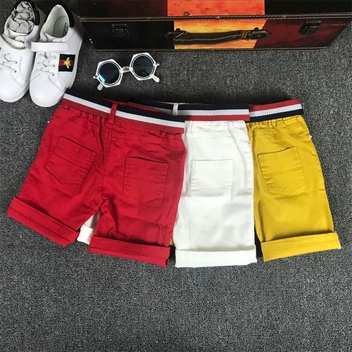 Grokko Children's Clothing  Summer Red and White Yellow Shorts with Belt 5-inch Shorts with Elastic and Hole-knitted Korean-style Pants