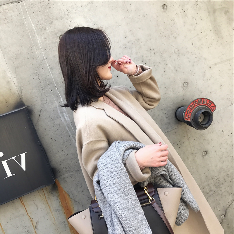 18 mùa thu và mùa đông phiên bản mới của Hàn Quốc của hồ sơ màu sắc nặng của bột yến mạch trà lỏng làm thủ công áo khoác hai mặt mẫu áo dạ đẹp 2021