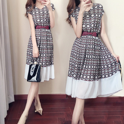 裙子女夏季新款韩版显瘦V领中长款印花百褶雪纺连衣裙大摆裙17329