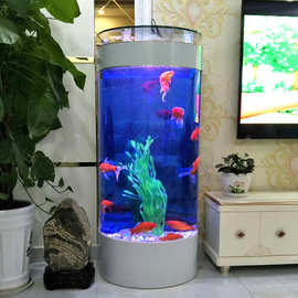 鱼缸半圆形水族箱圆柱形玻璃缸家用客厅吧台金鱼缸1米可订超白缸
