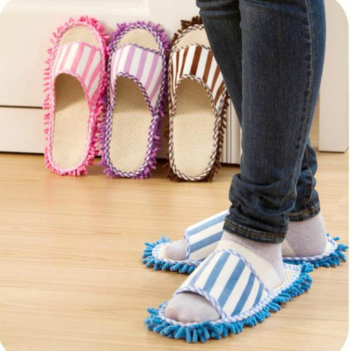 雪尼尔懒人擦地拖鞋珊瑚绒条纹可机洗拖鞋清洁地板可拆洗擦地拖鞋
