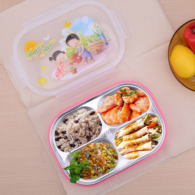 304不锈钢双层快餐盒 儿童保温分格便当盒 塑料学生餐盘批发直销