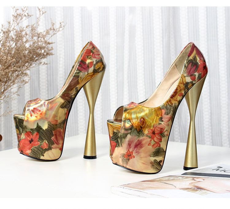 Giày cao gót nữ mũi nhọn gót siêu cao 19 cm, họa tiết miệng cá, đế chống thấm nước — Màu vàng chi tiết 13