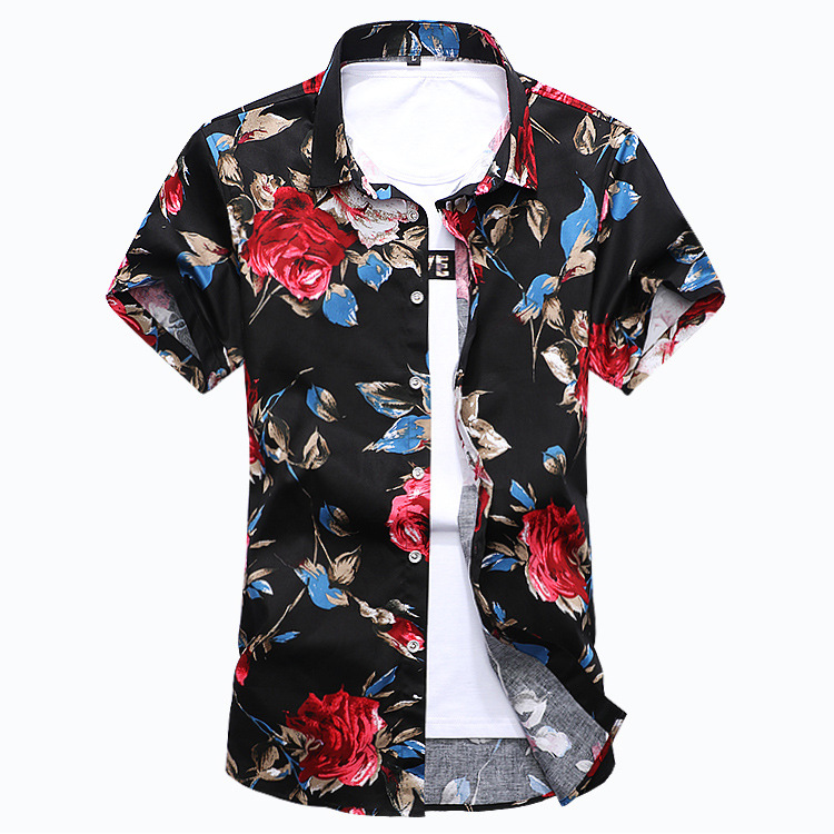 Amazon New Men's Plus Size Cotton Satin Flower Short Sleeve Shirt European Size Fat People Casual Flower Shirt M-7XL