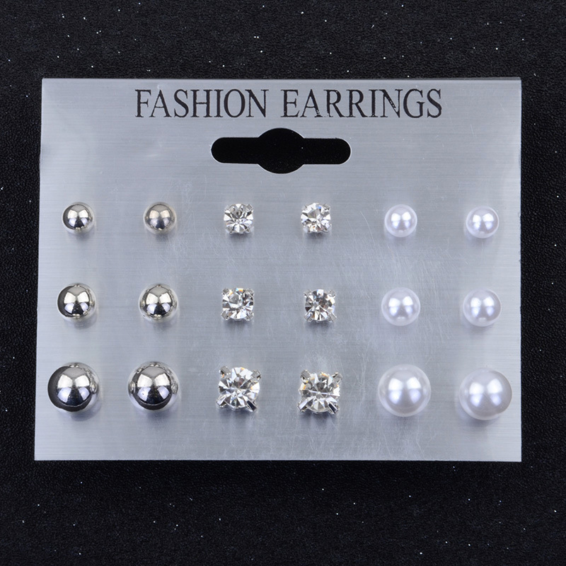 Jewelry Pearl Rhinestone Earrings Stud Earrings 9 Pairs Board Set display picture 4