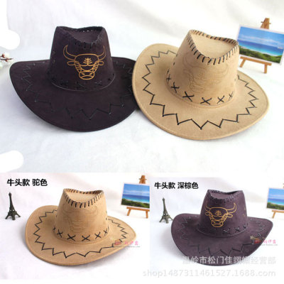 遮阳帽男 夏季大檐仿皮牛仔帽旅游帽男女通用沙滩帽表演帽牛头帽|ms