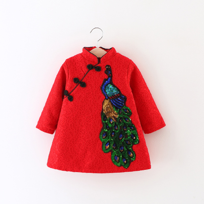 Children's clothing, winter new style, bright red cheongsam skirt for girls, fleece-lined dress, baby girl's New Year clothes, dropshipping available 616