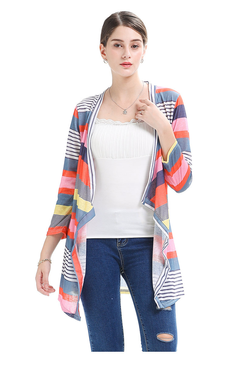 all-match asymmetric striped three-quarter sleeve cardigan  NSJR23550