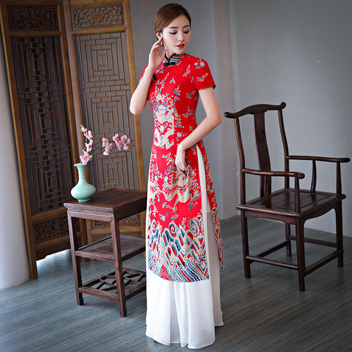 Chinese Dress Qipao cheongsam dress long etiquette cheongsam short sleeve woman