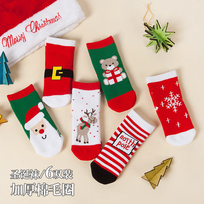 货源2019冬季新款圣诞袜子 精梳棉儿童卡通中筒袜加厚童袜婴儿袜批发