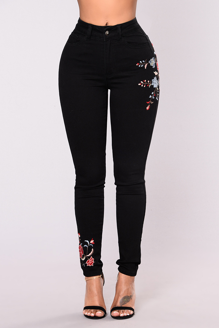 2021 Women Floral Print Black Jeans Sexy Slim Fashion Denim Long Pants