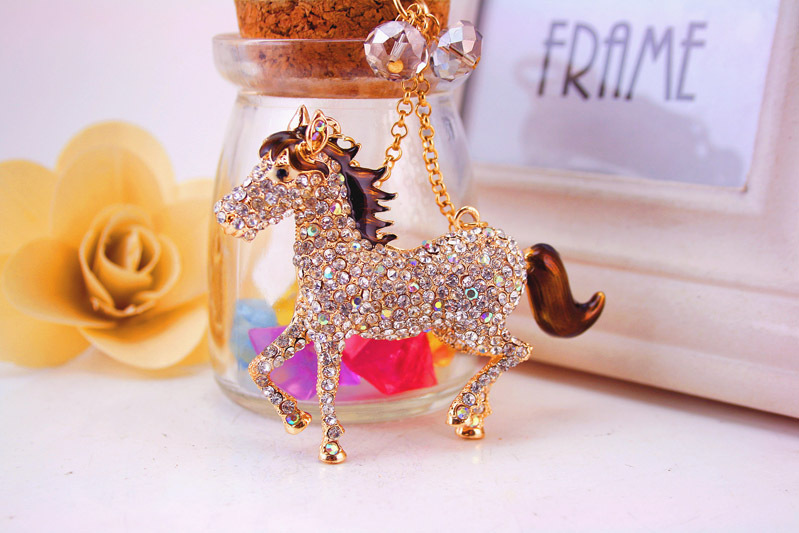 52g Weight Alloy, Metal Material Animal Pattern Unisex Gender Coffee, White Color Creative Animal Diamond Zodiac Pony Shape Car Keychain 7