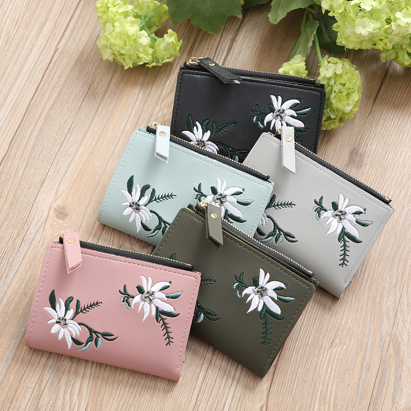 New Mini Korean Style Short Student Wallet Women's Embroidered Thin Zipper Wallet