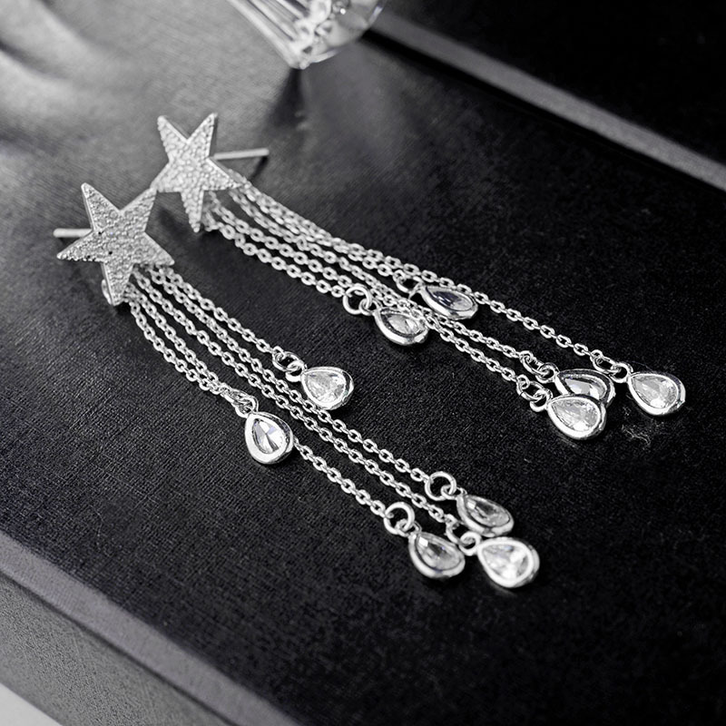 Korean Fashion New Five-pointed Star Tassel Zircon Sterling Silver Needle Earrings Wholesale Nihaojewelry display picture 2