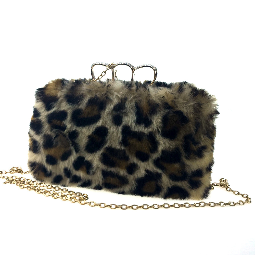 Túi clutch nữ lông giả họa tiết da báo, tay cầm và dây xích, dự tiệc sang trọng — Họa tiết da báo màu mơ, Họa tiết da báo màu camel chi tiết 7