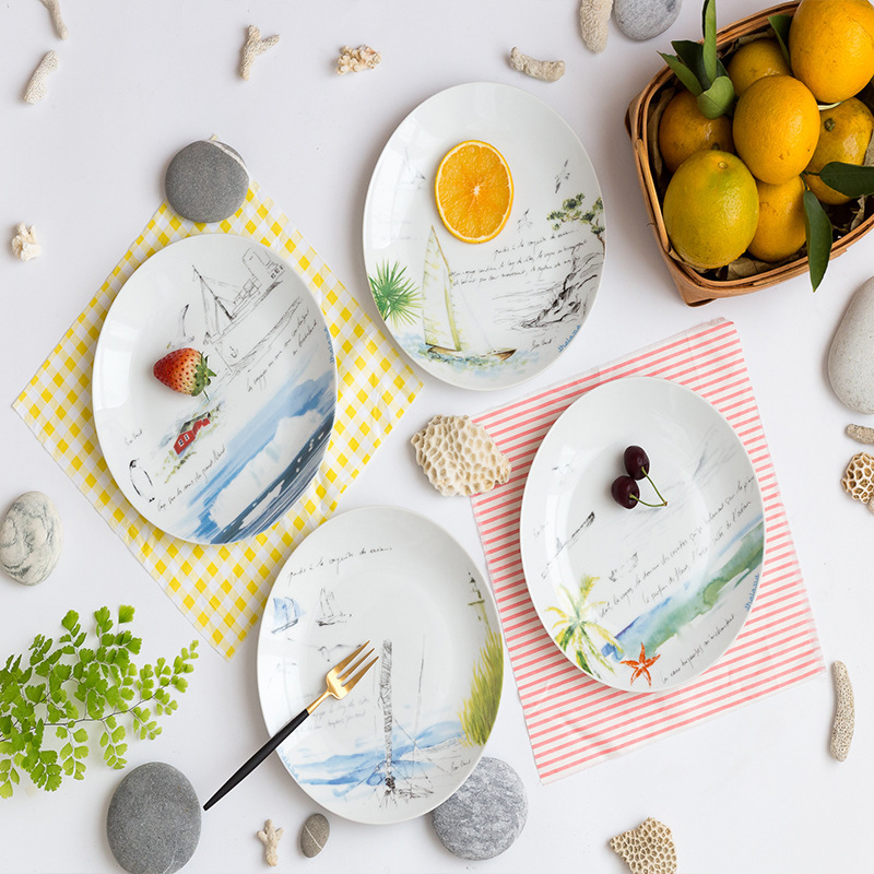Mediterranean beach Four Seasons ceramic plate steak plate Western dessert cake plate home soft decoration hanging plate decoration Mediterranean beach Four Seasons ceramic plate steak plate Western dessert cake plate home soft decoration hanging plate decoration