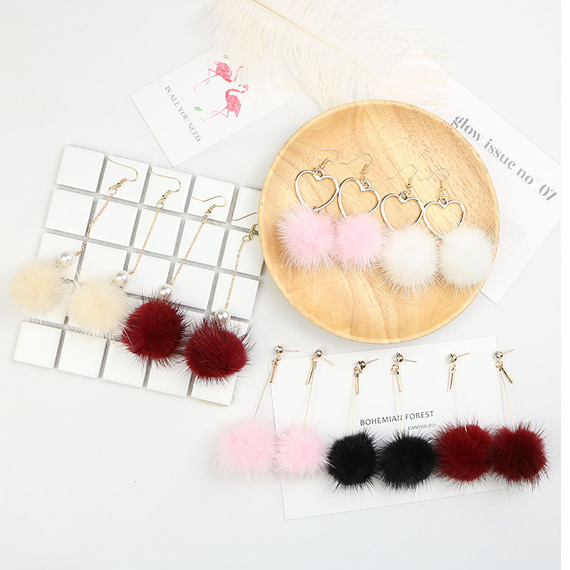 韩版时尚长款毛球耳环秋冬五角星耳钉毛绒球球珍珠耳饰批发