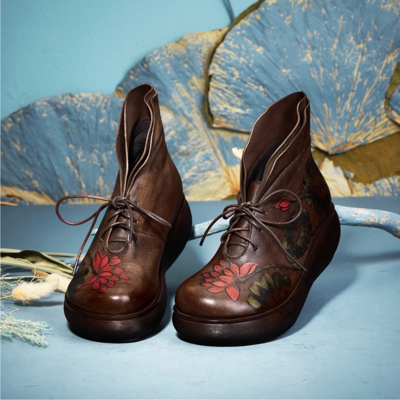 广州原创手工真皮女鞋手绘高端艺术圆通厚底松糕跟复古擦色靴