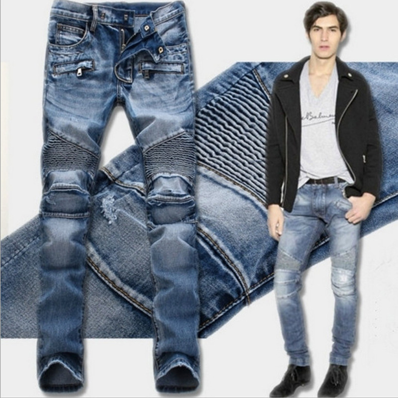 European And American Treet Tyle BIKER JEANS Multi-pocket Motorcycle Pleated Zipper Jean Lim Fit Tretch Kinny_voghion.com