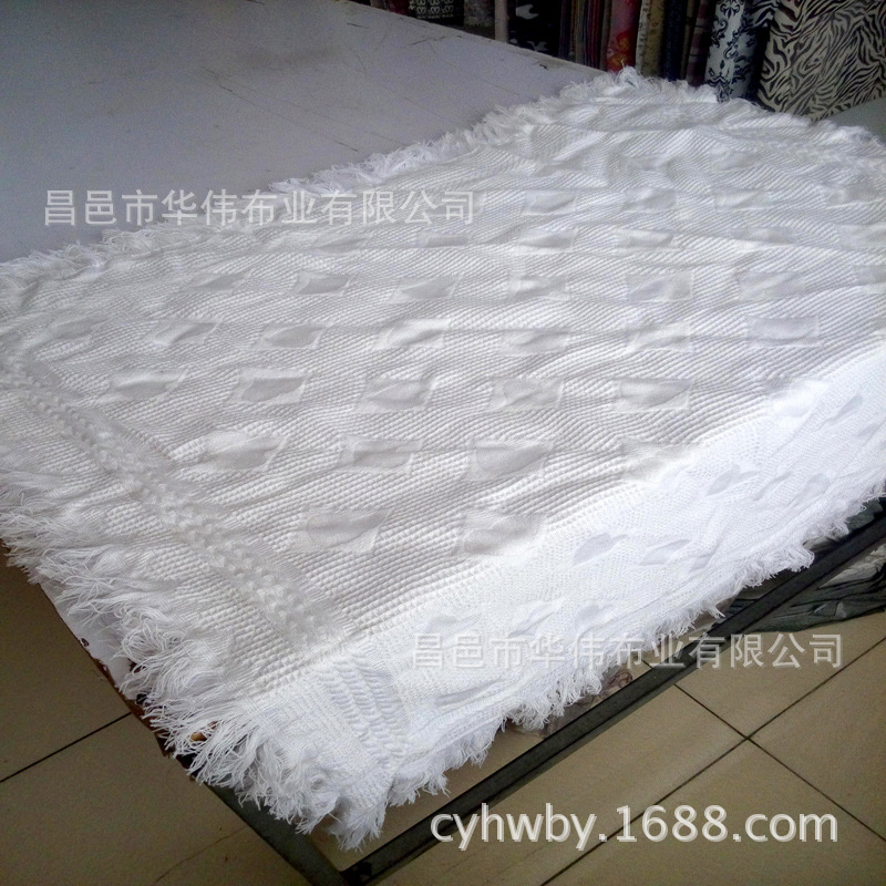 流苏蜂巢布   带流苏全棉提花蜂巢布  毯子用华夫格面料