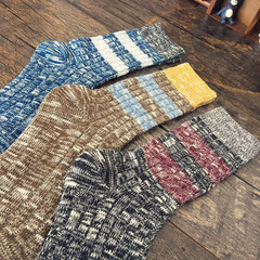 日系秋冬新款 粗線二條槓抽條紋中長筒男襪 點子紗粗針併線棉質襪