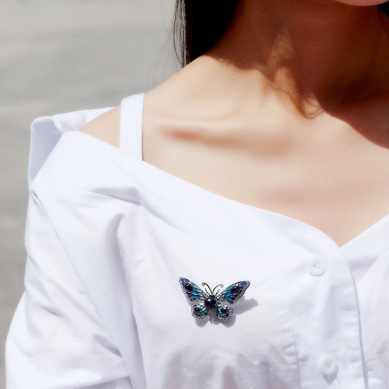 European and American enamel painted butterfly brooch, freshwater pearl opal pin, sweater chain dual use_voghion.com